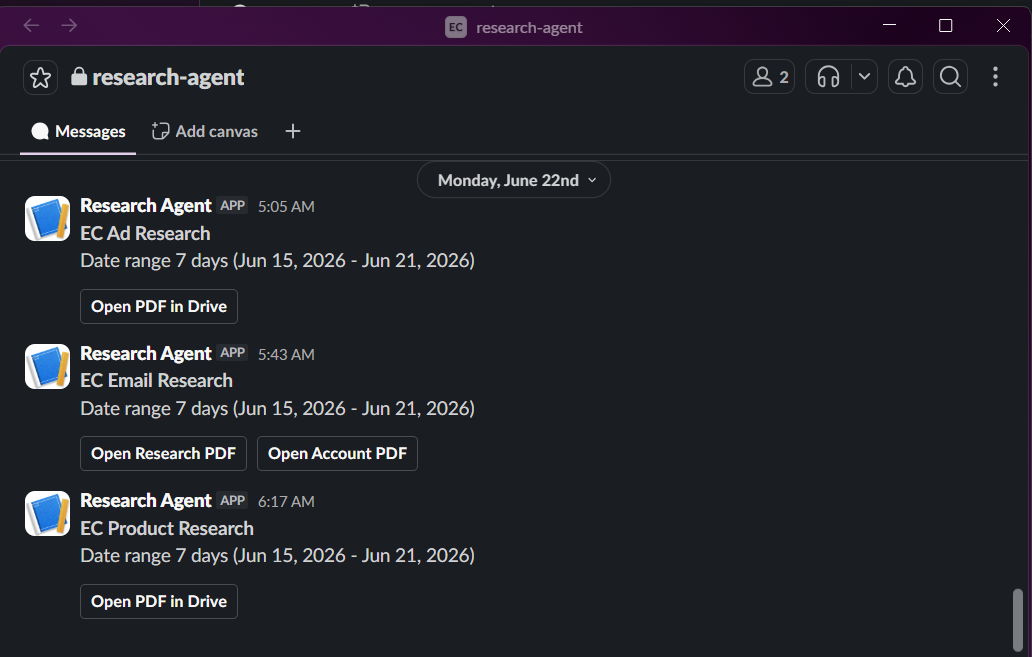 Slack research-agent feed delivering weekly research PDFs to Drive